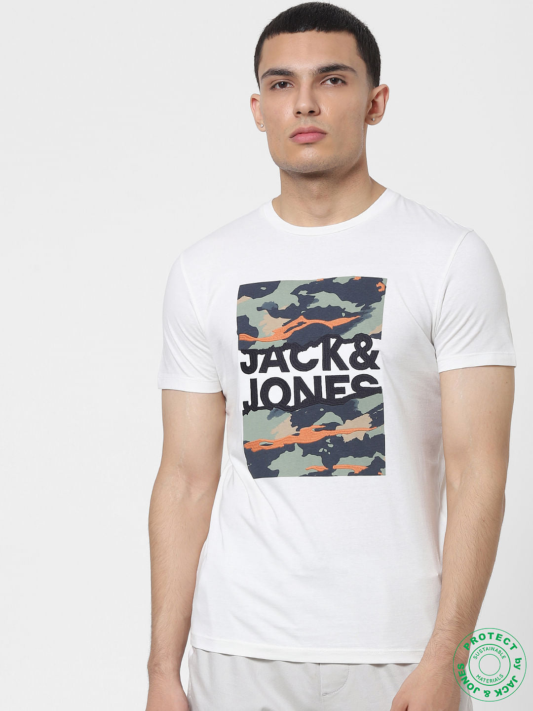 White Logo Print Embroidered Crew Neck T-shirt - S