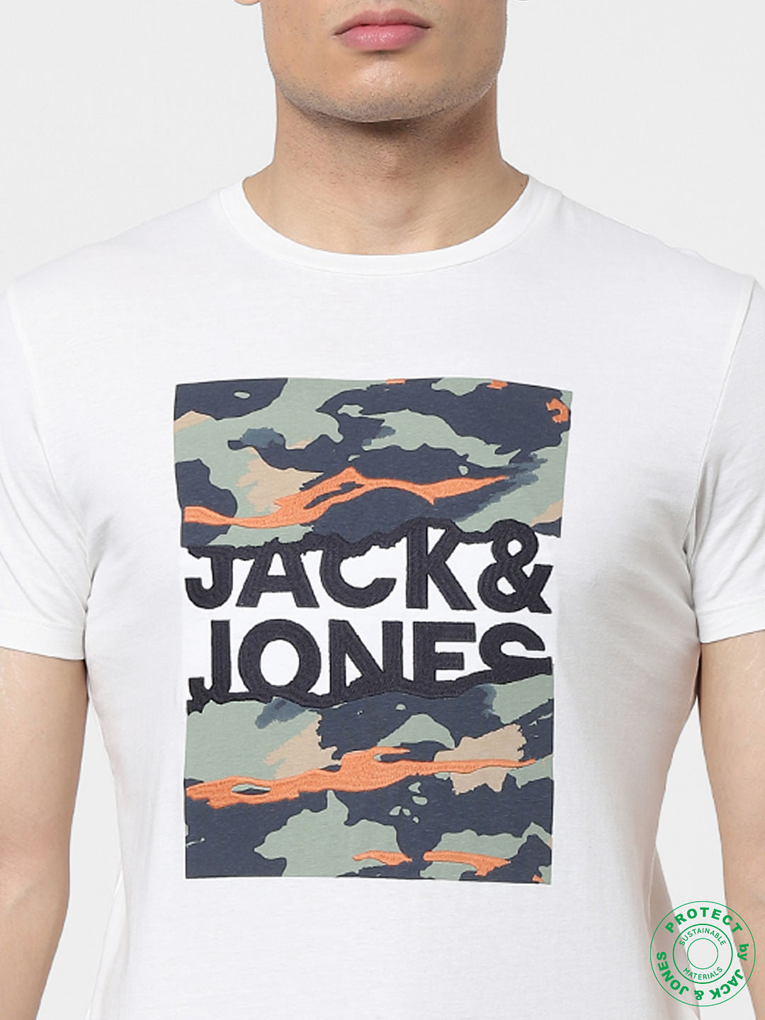 White Logo Print Embroidered Crew Neck T-shirt
