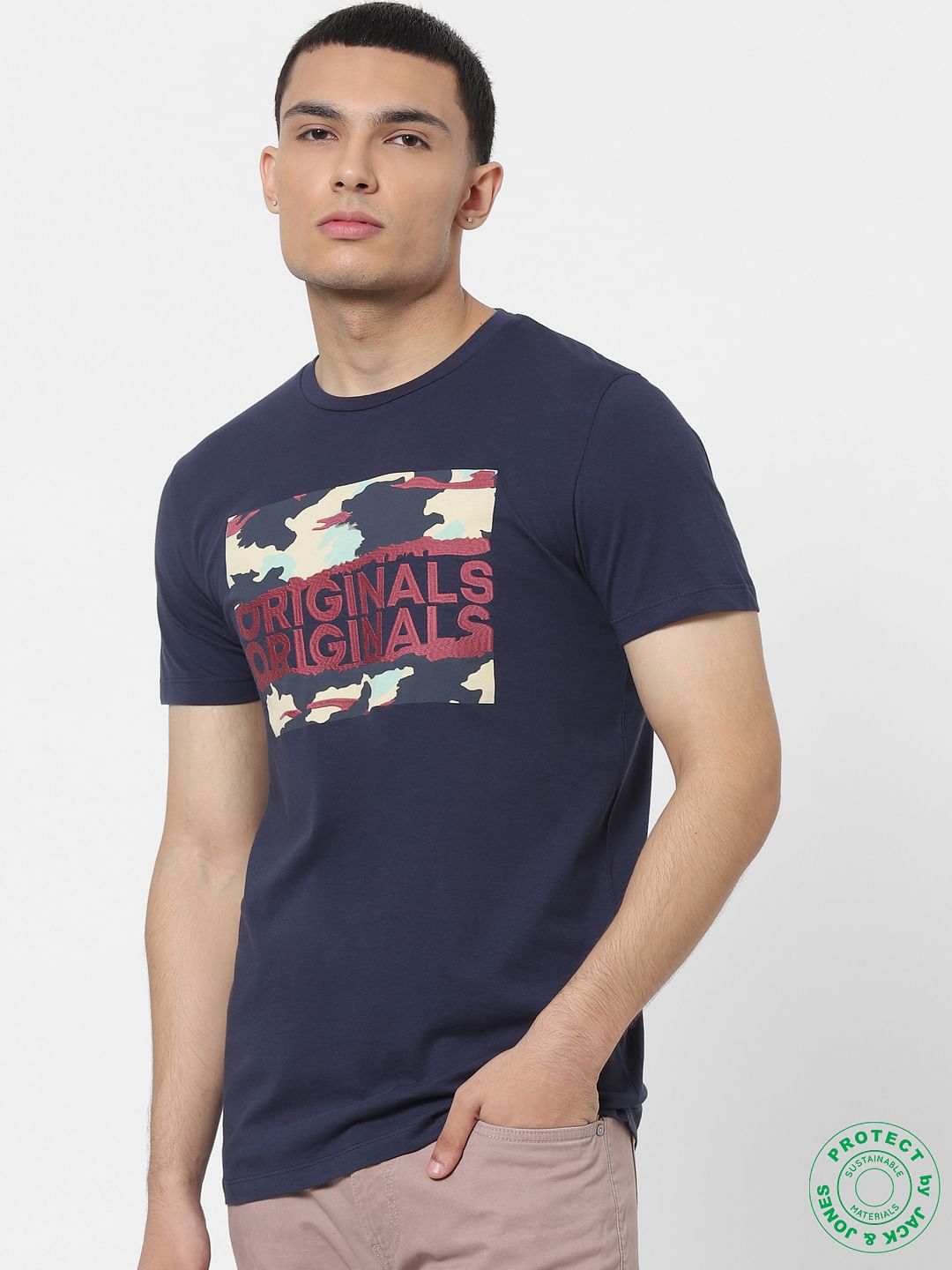 Blue Logo Print Embroidered Crew Neck T-shirt