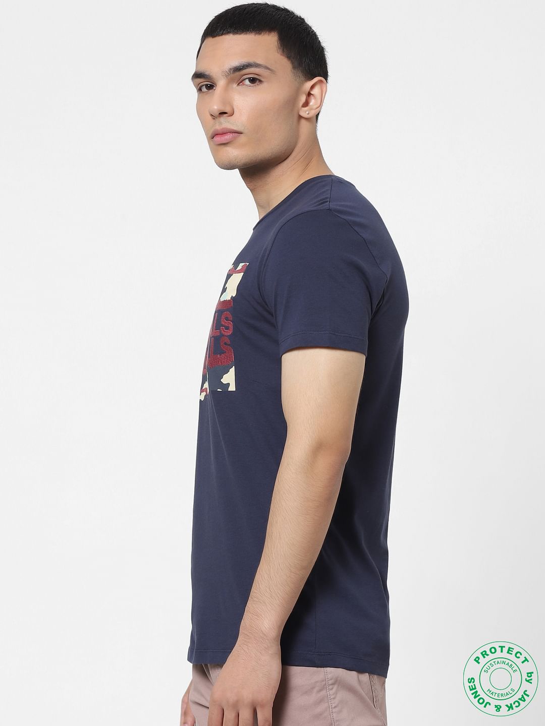 Blue Logo Print Embroidered Crew Neck T-shirt