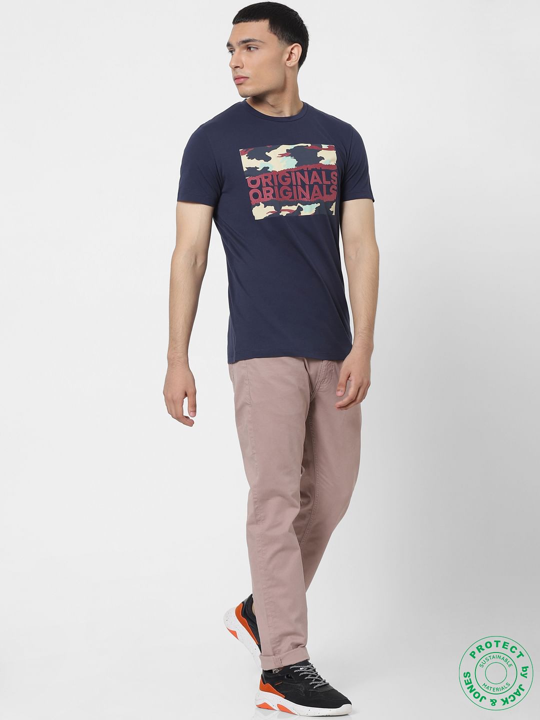 Blue Logo Print Embroidered Crew Neck T-shirt