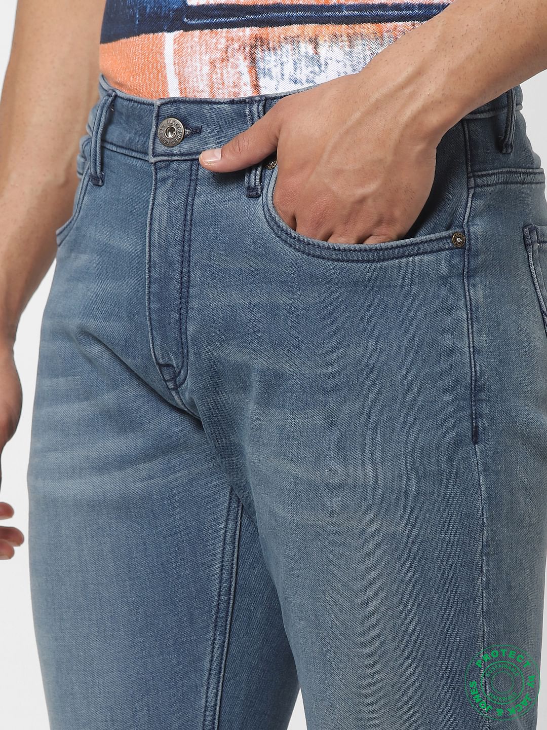 Protect Light Blue Mid Rise Clark Regular Fit Jeans
