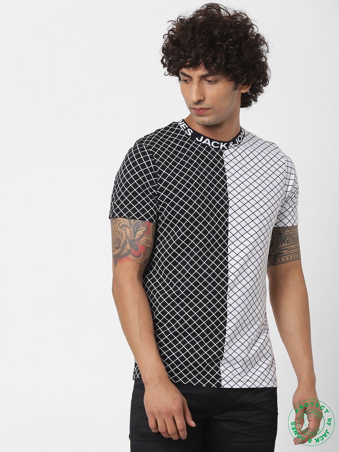 White Geometric Print Crew Neck T-shirt - S