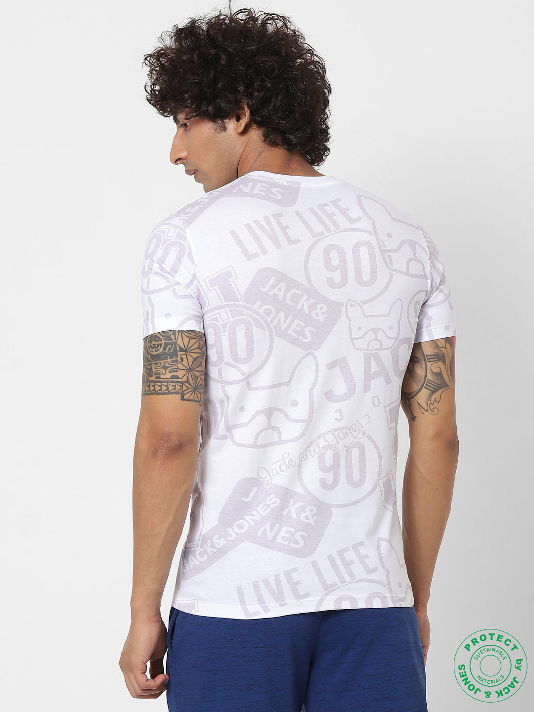 White All Over Graphic Print Crew Neck T-shirt