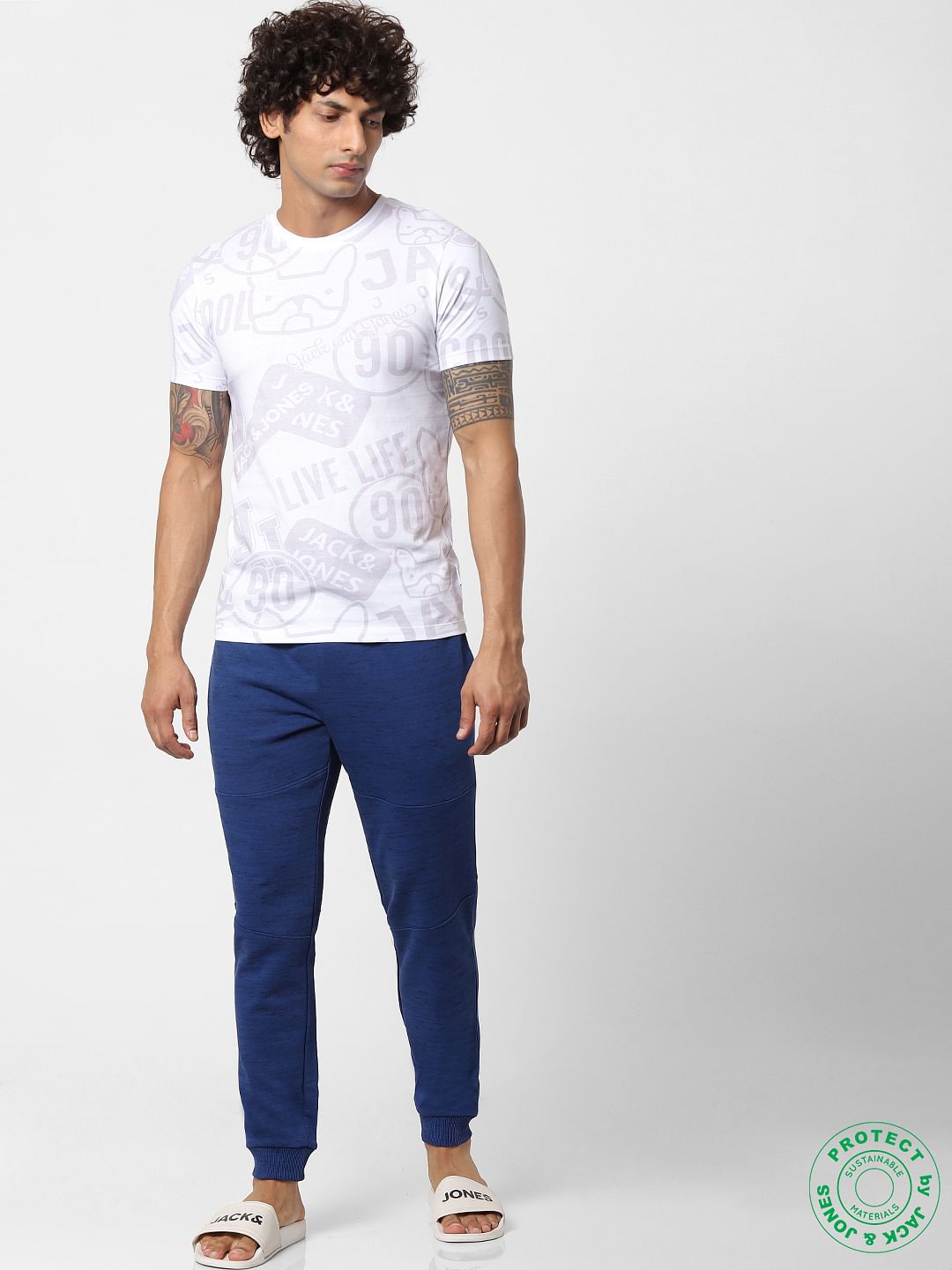 White All Over Graphic Print Crew Neck T-shirt