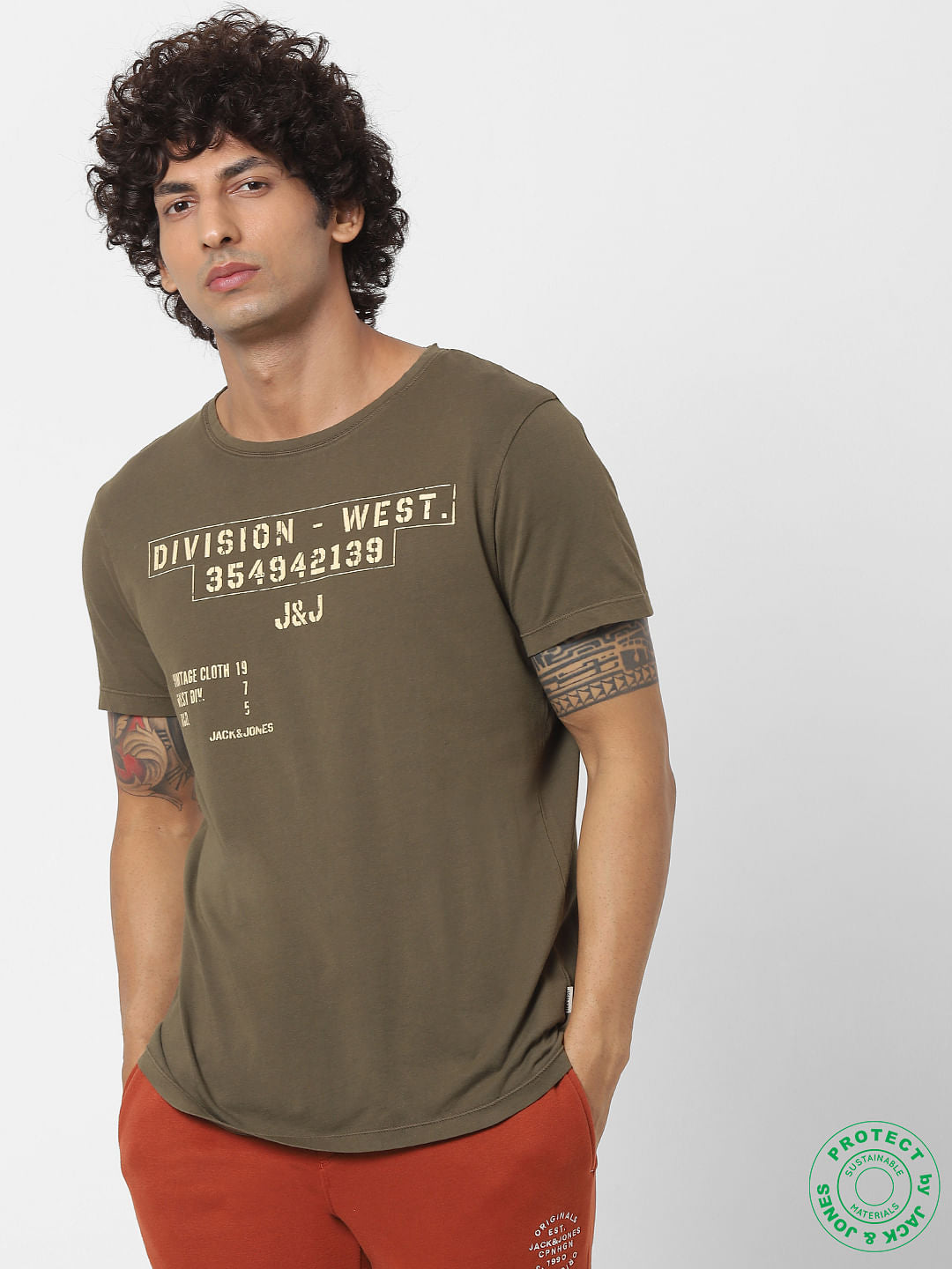 Olive Green Text Print Crew Neck T-shirt - S