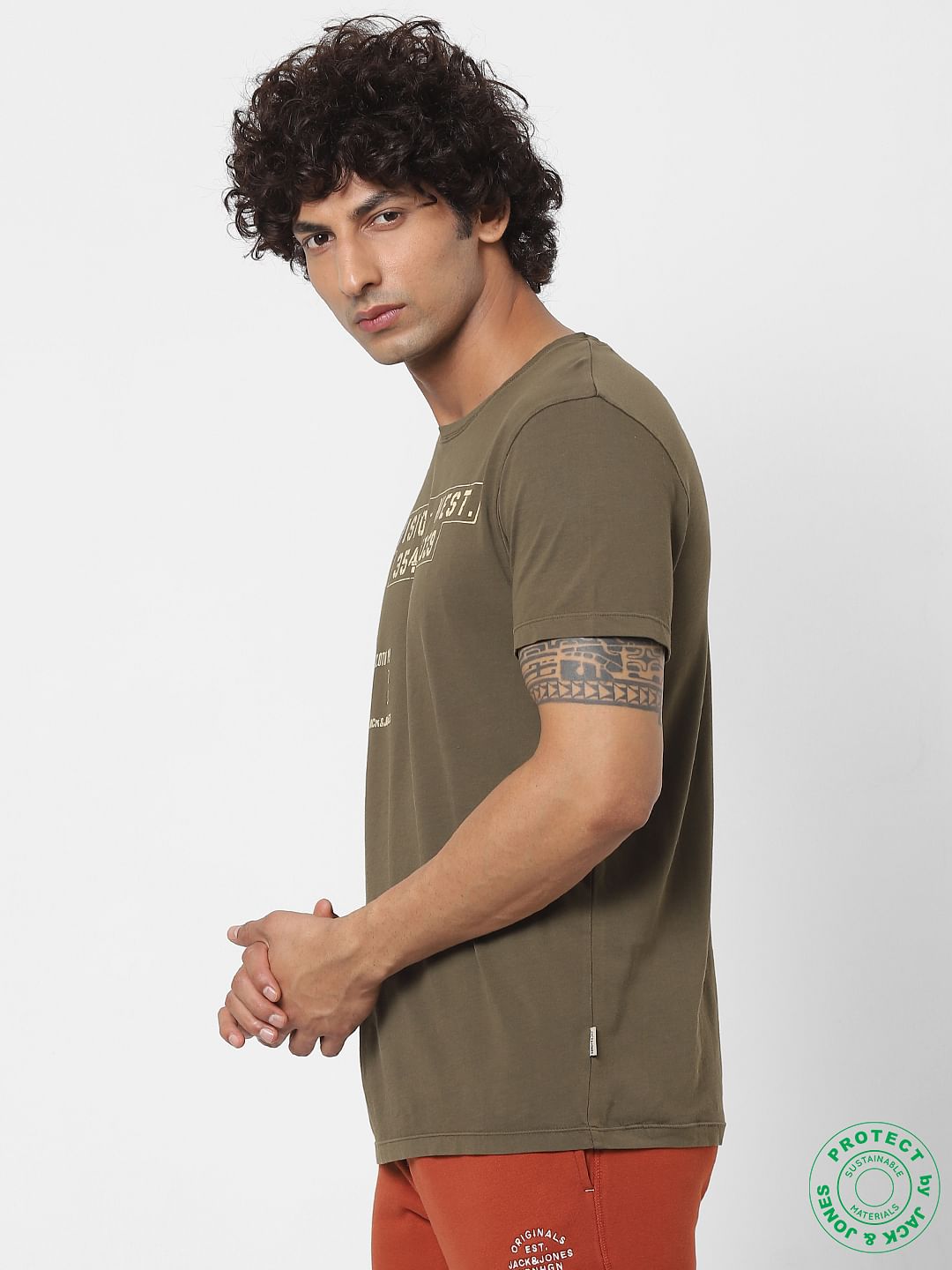 Olive Green Text Print Crew Neck T-shirt