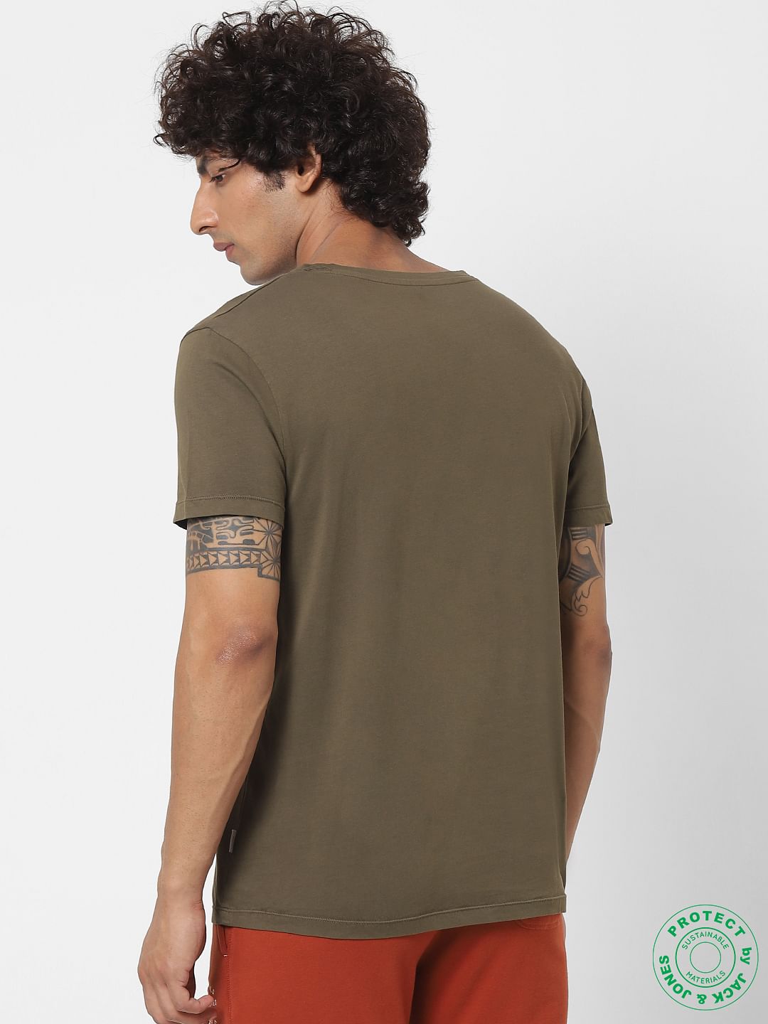 Olive Green Text Print Crew Neck T-shirt