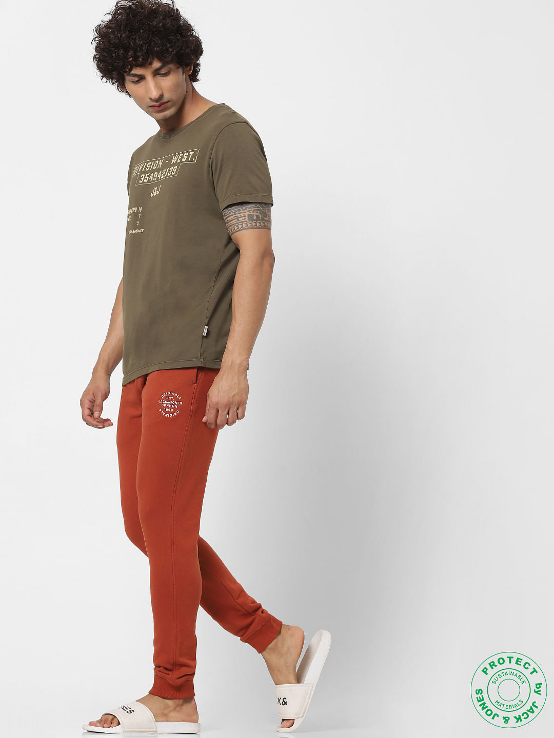 Olive Green Text Print Crew Neck T-shirt