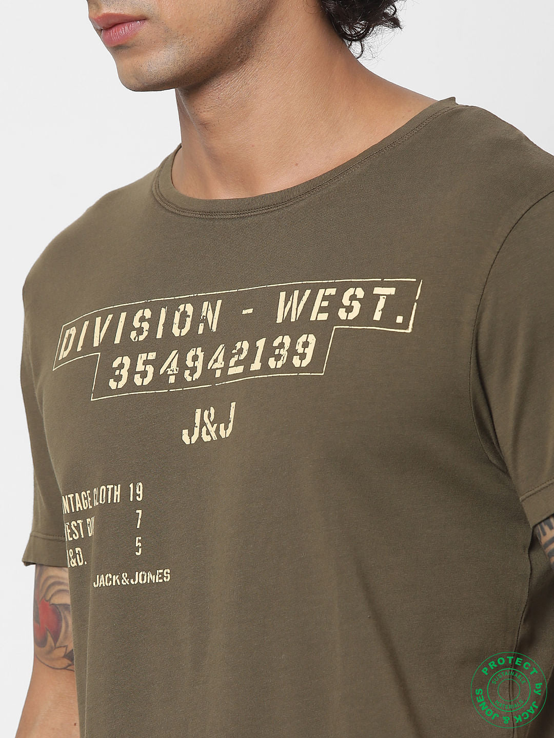 Olive Green Text Print Crew Neck T-shirt