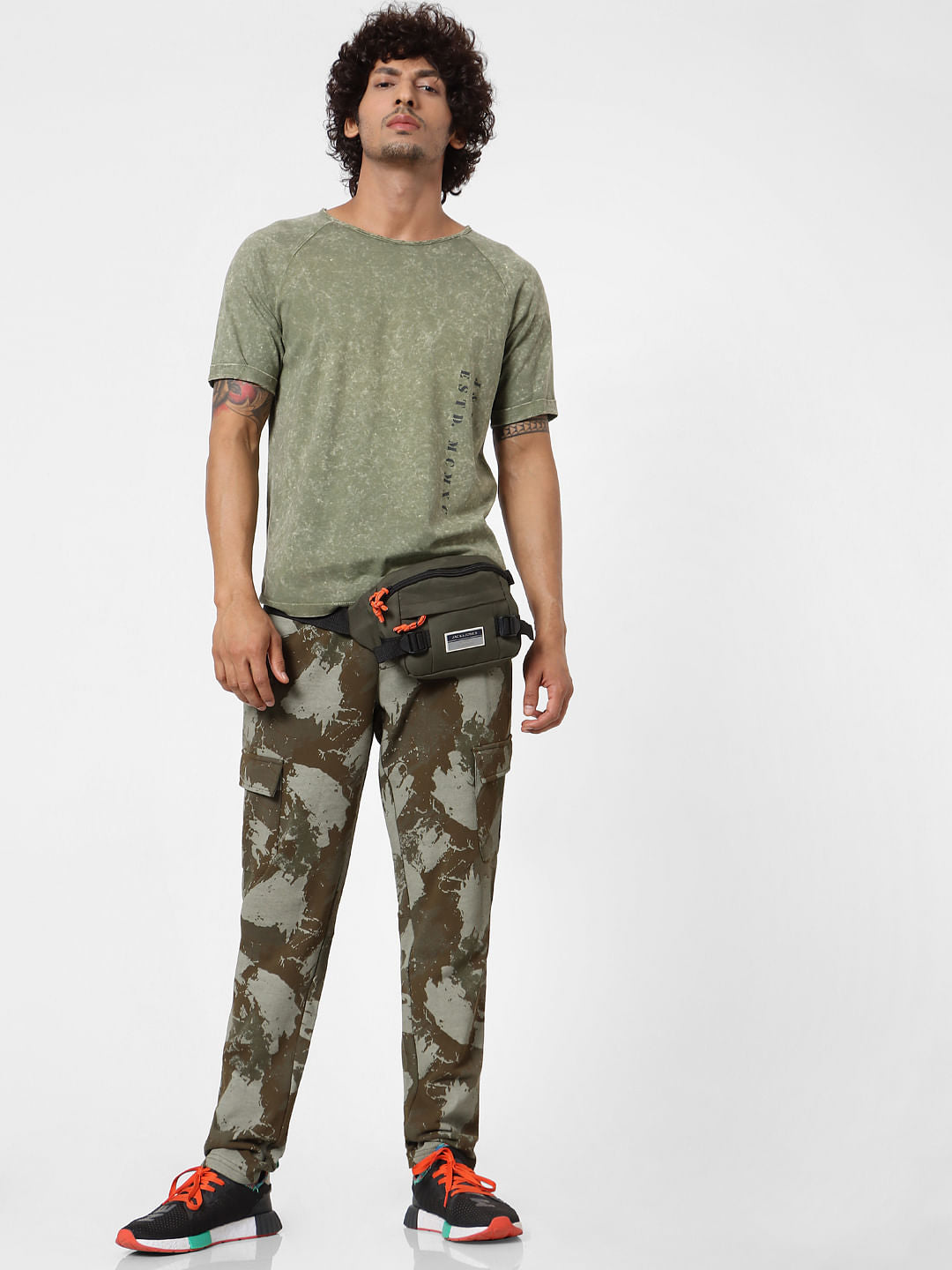 Olive Green Acid Washed Crew Neck T-shirt - S