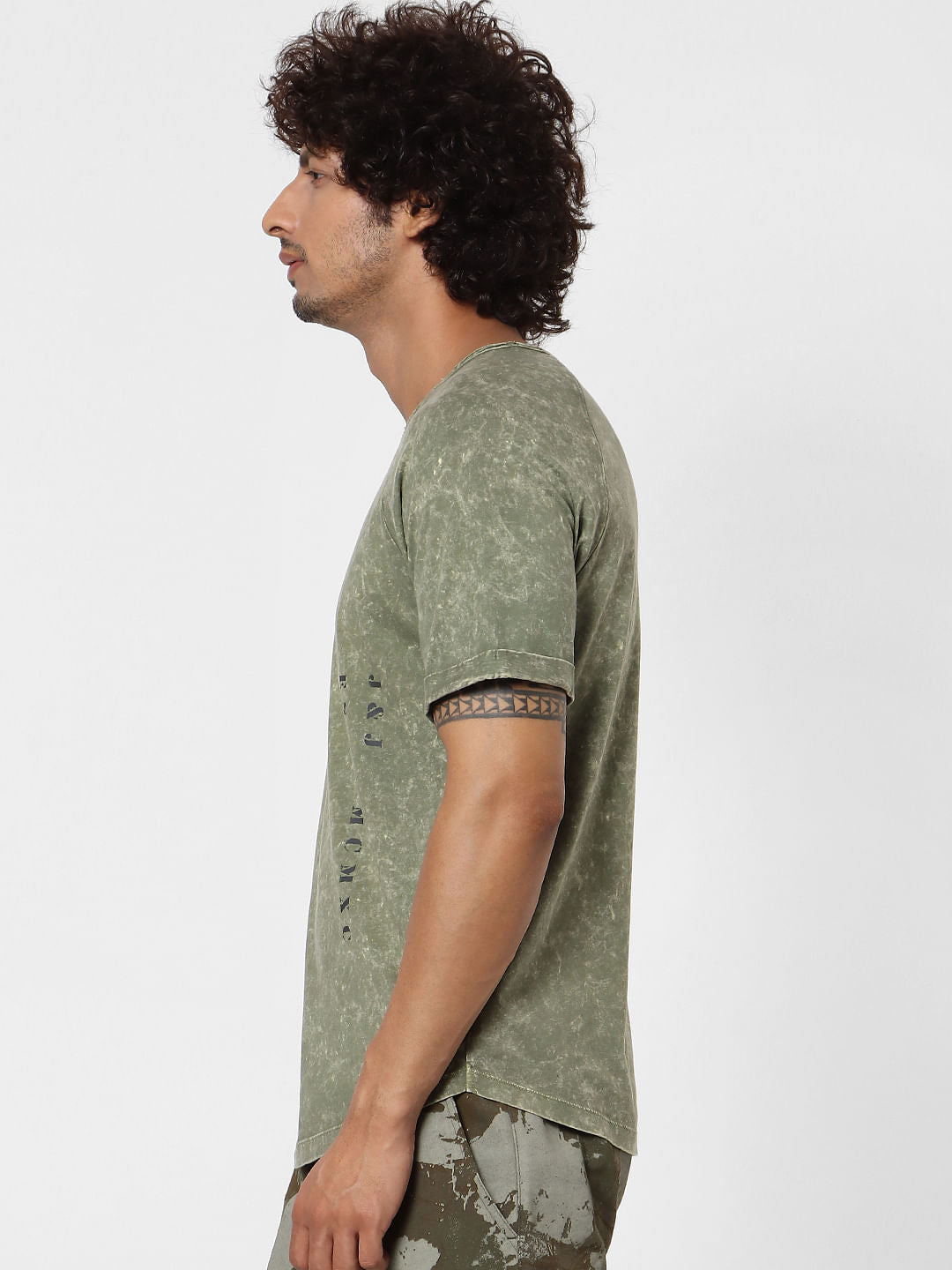 Olive Green Acid Washed Crew Neck T-shirt