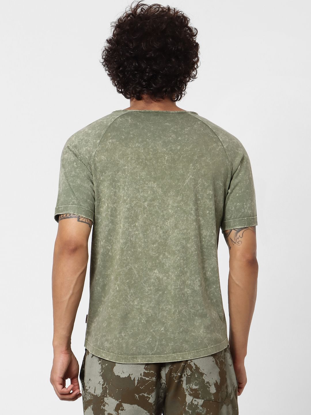 Olive Green Acid Washed Crew Neck T-shirt