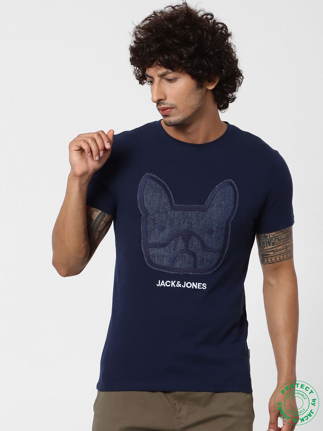 Dark Blue Denim Patchwork Crew Neck T-shirt