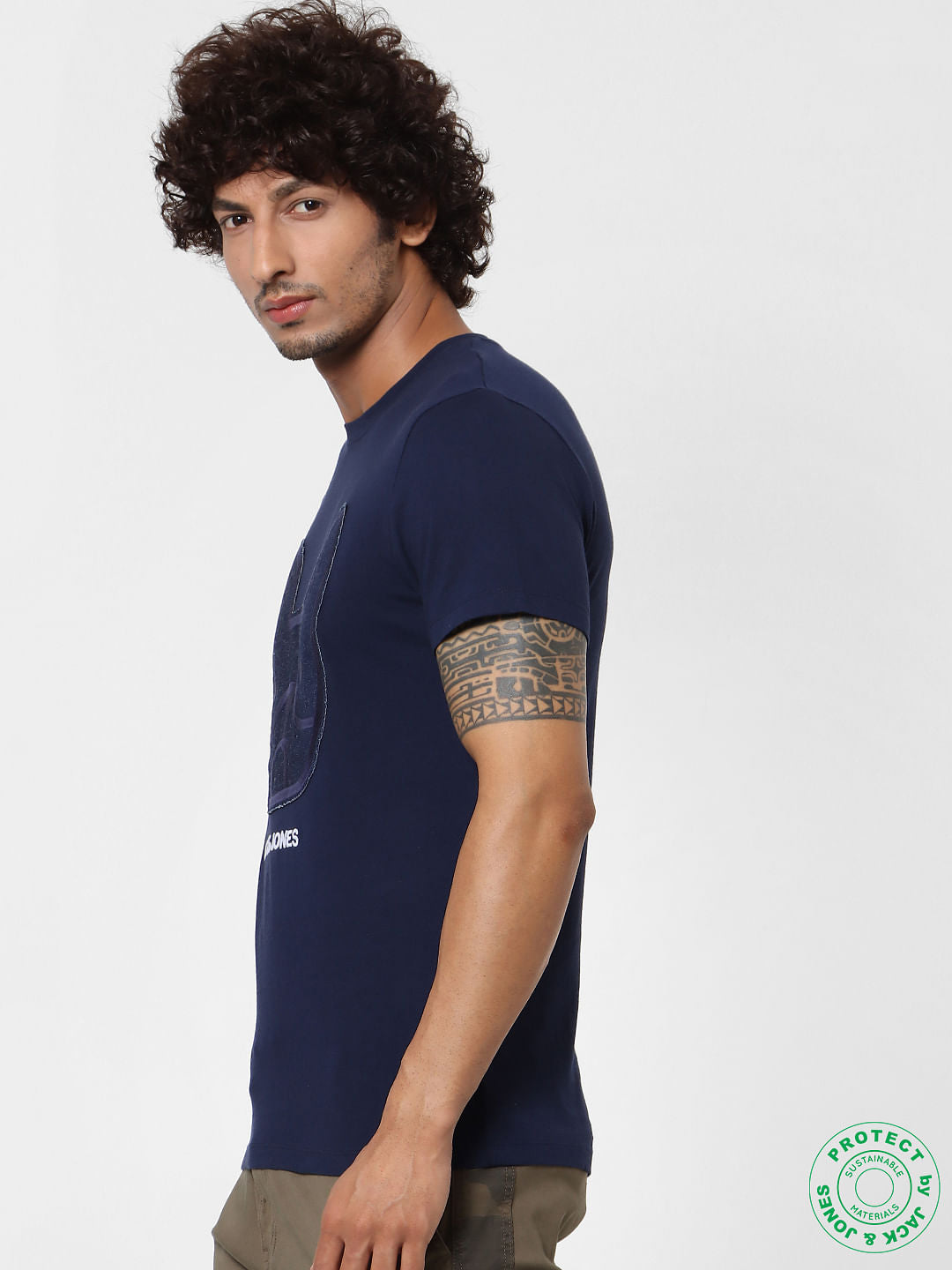 Dark Blue Denim Patchwork Crew Neck T-shirt