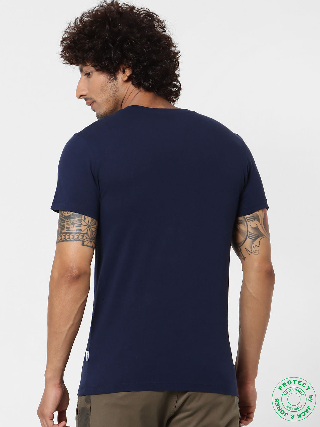 Dark Blue Denim Patchwork Crew Neck T-shirt