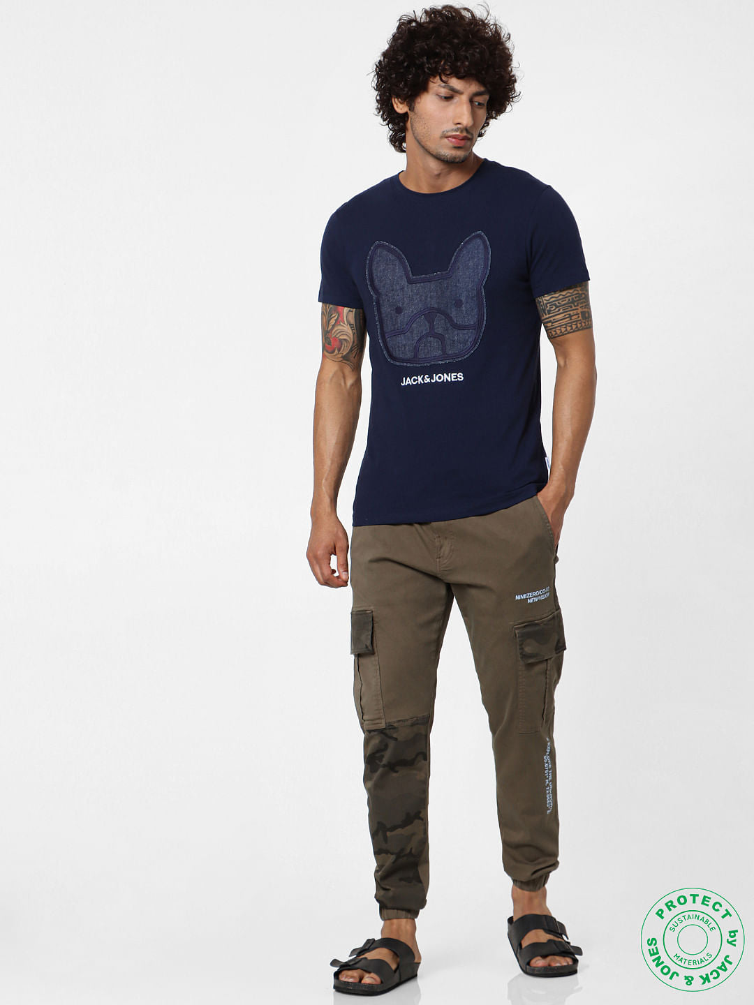 Dark Blue Denim Patchwork Crew Neck T-shirt
