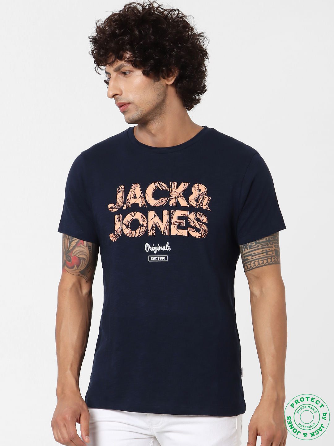 Navy Blue Logo Print Crew Neck T-shirt - S