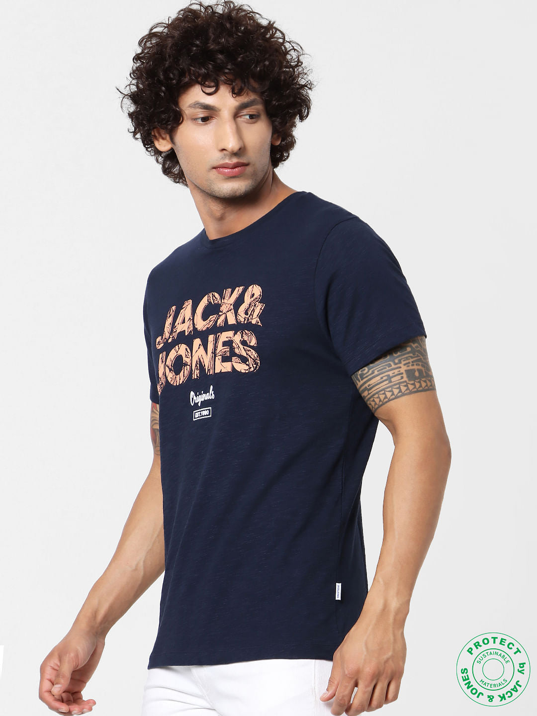 Navy Blue Logo Print Crew Neck T-shirt