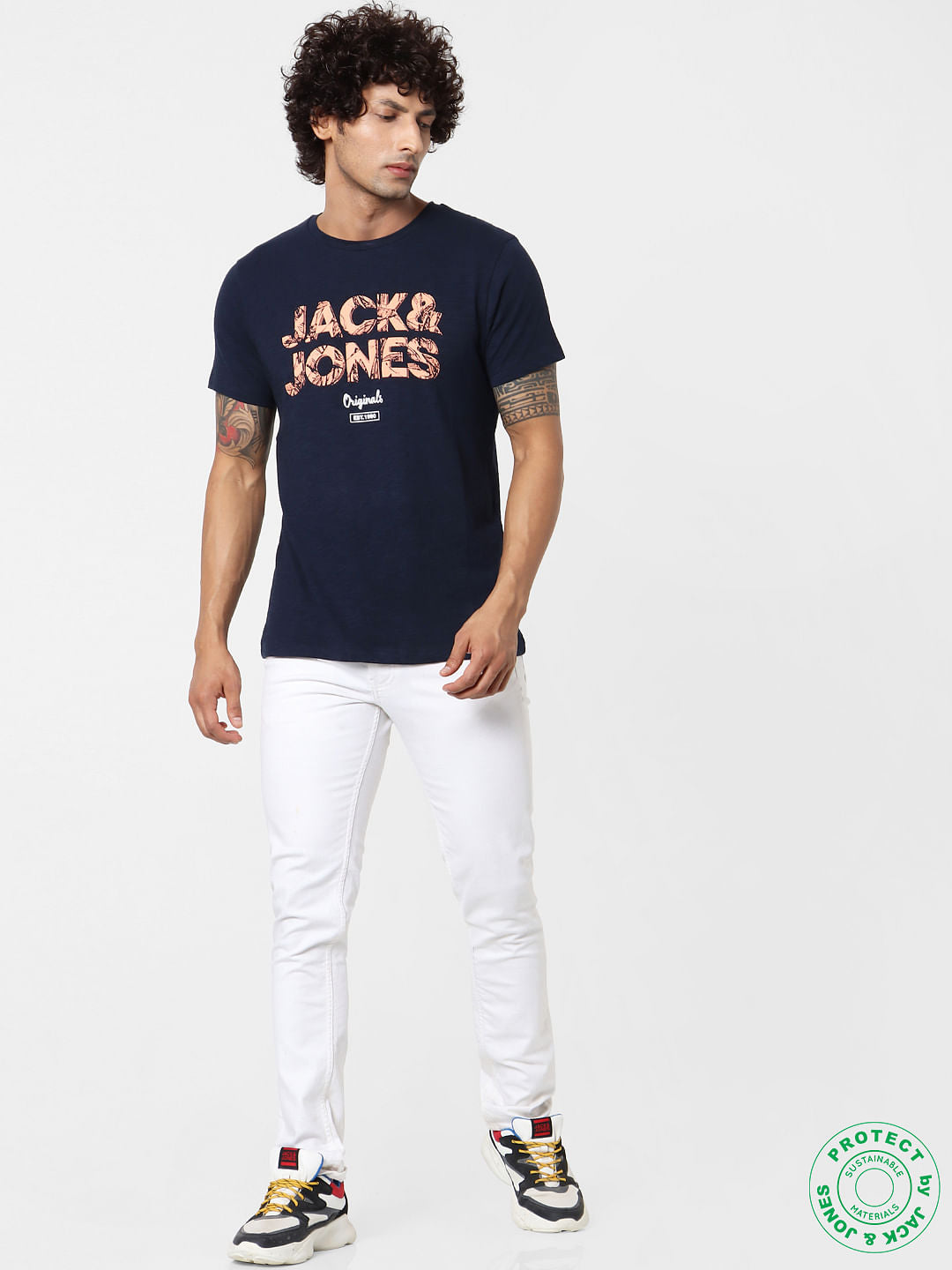 Navy Blue Logo Print Crew Neck T-shirt