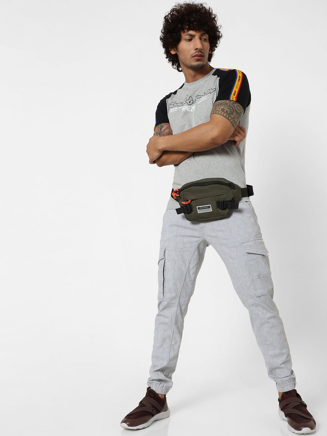 Grey Logo Print Tape Detail Crew Neck T-shirt - S