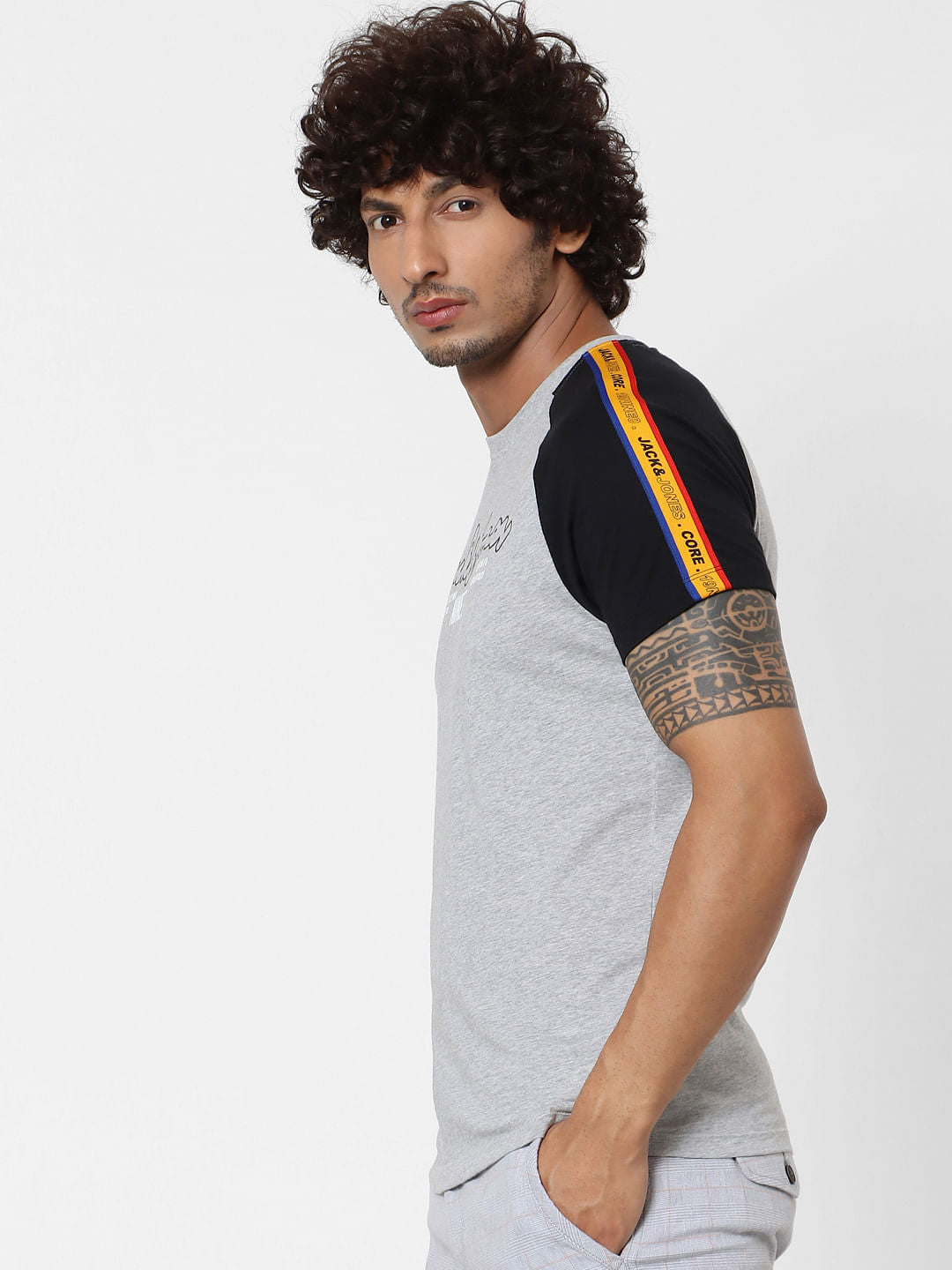 Grey Logo Print Tape Detail Crew Neck T-shirt