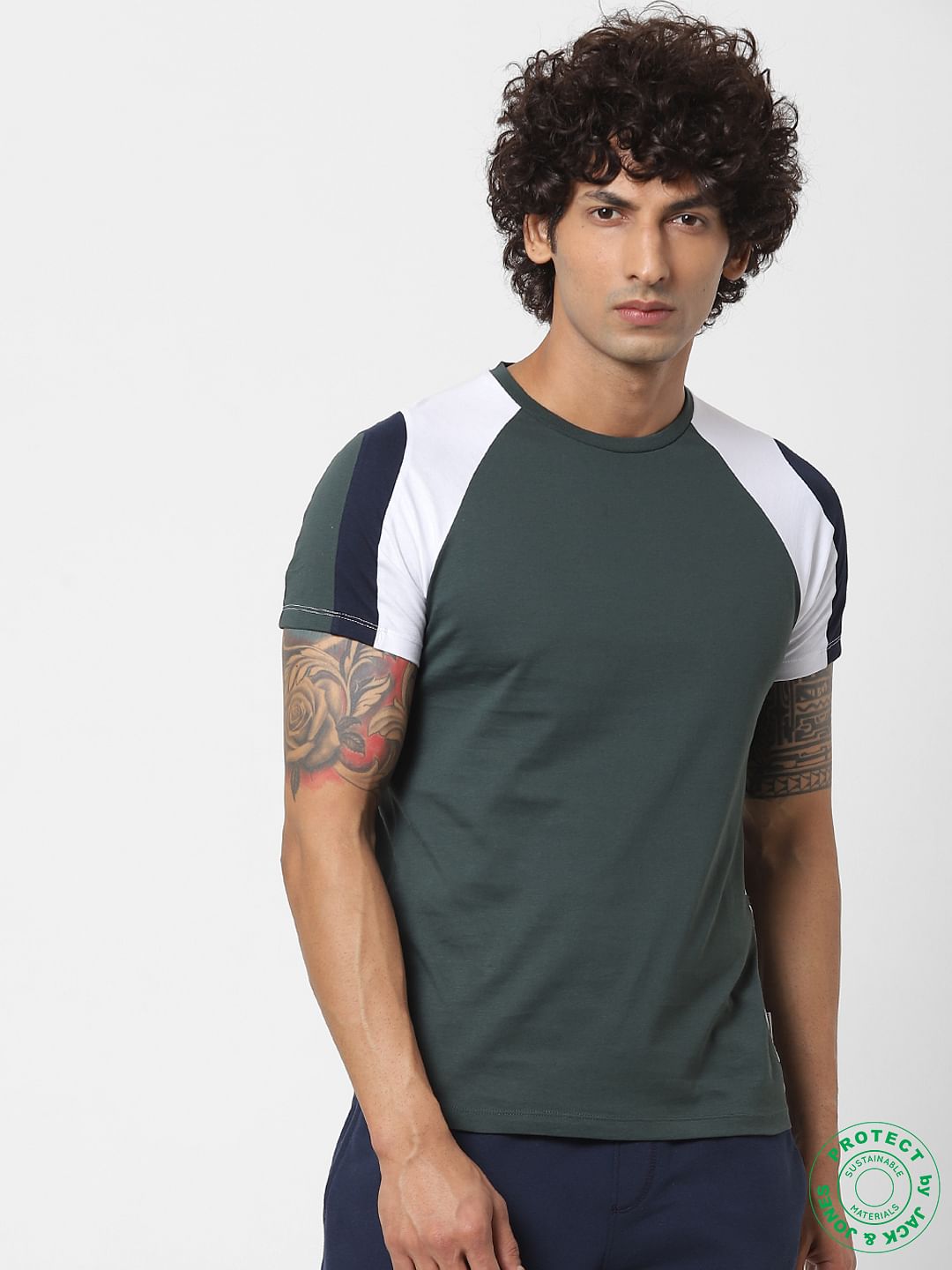Dark Green Colourblocked Crew Neck T-shirt - S