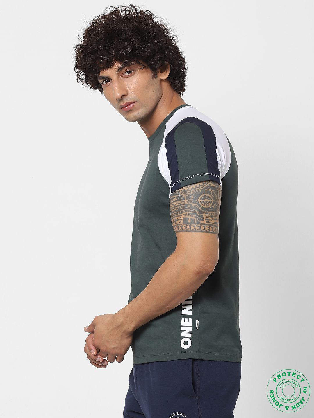 Dark Green Colourblocked Crew Neck T-shirt