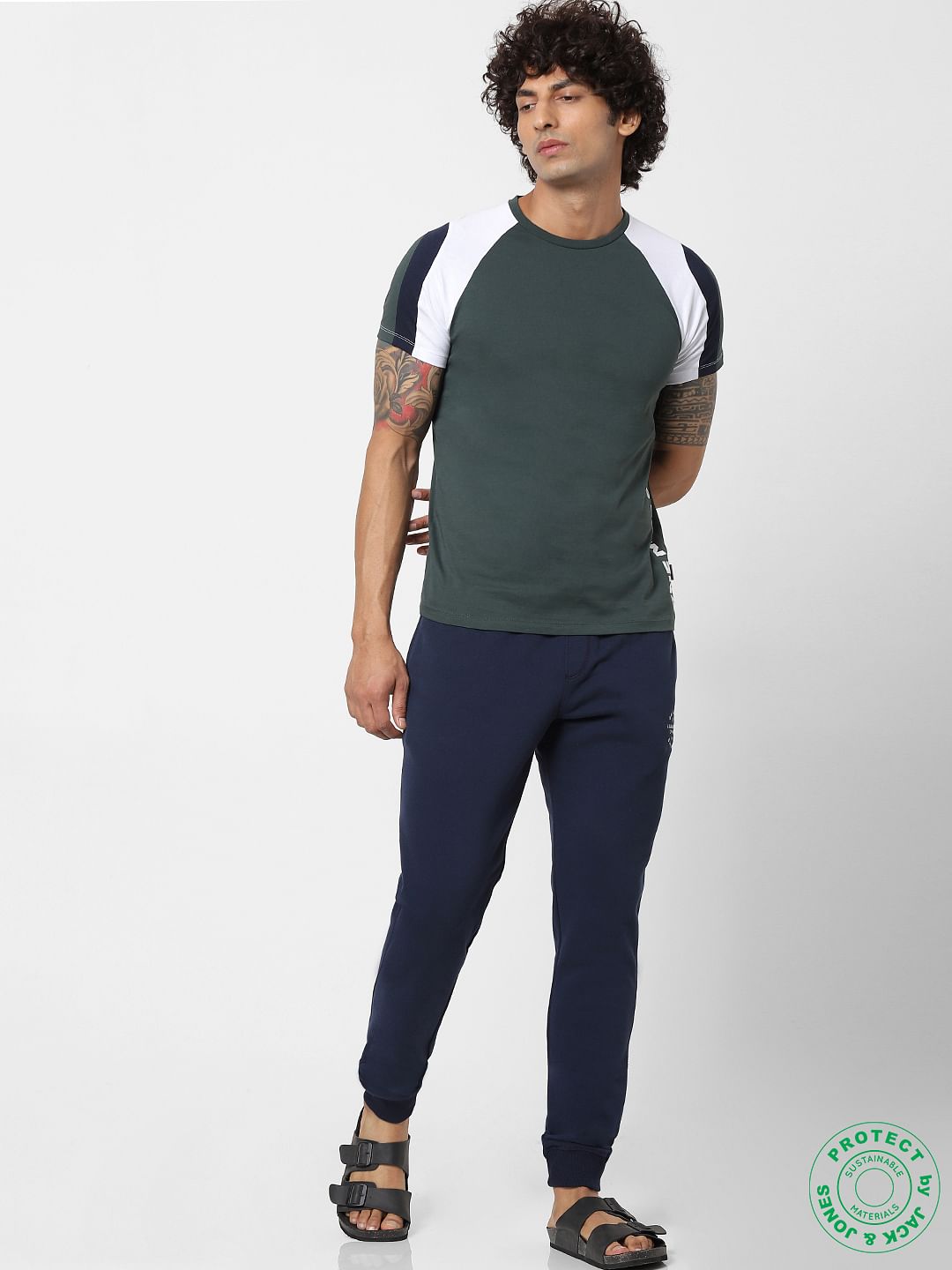 Dark Green Colourblocked Crew Neck T-shirt