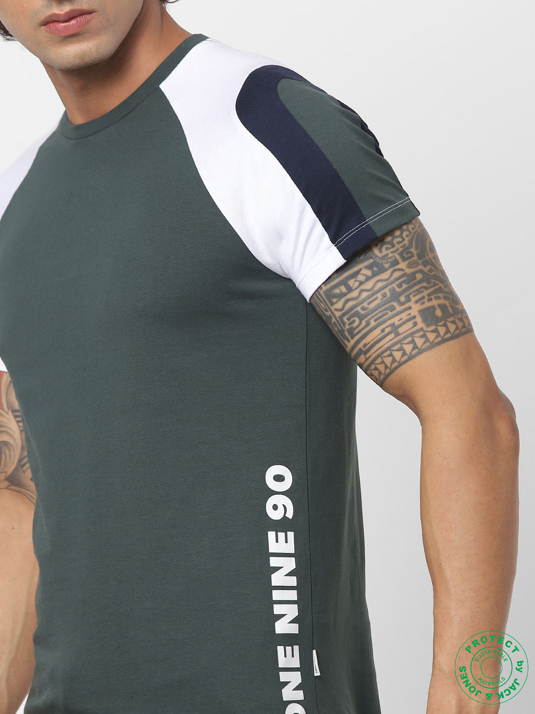 Dark Green Colourblocked Crew Neck T-shirt