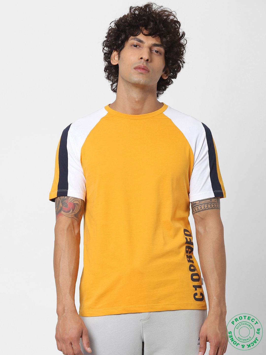Yellow Colourblocked Crew Neck T-shirt - S