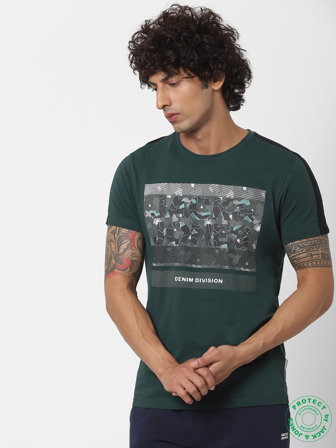 Dark Green Graphic Print Crew Neck T-shirt - S