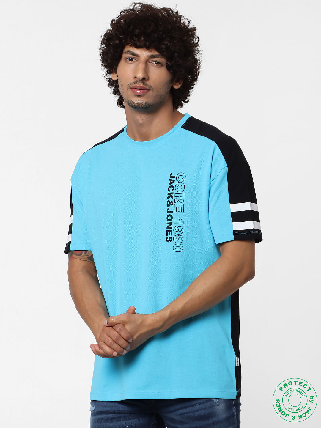 Blue Colourblocked Crew Neck T-shirt - S