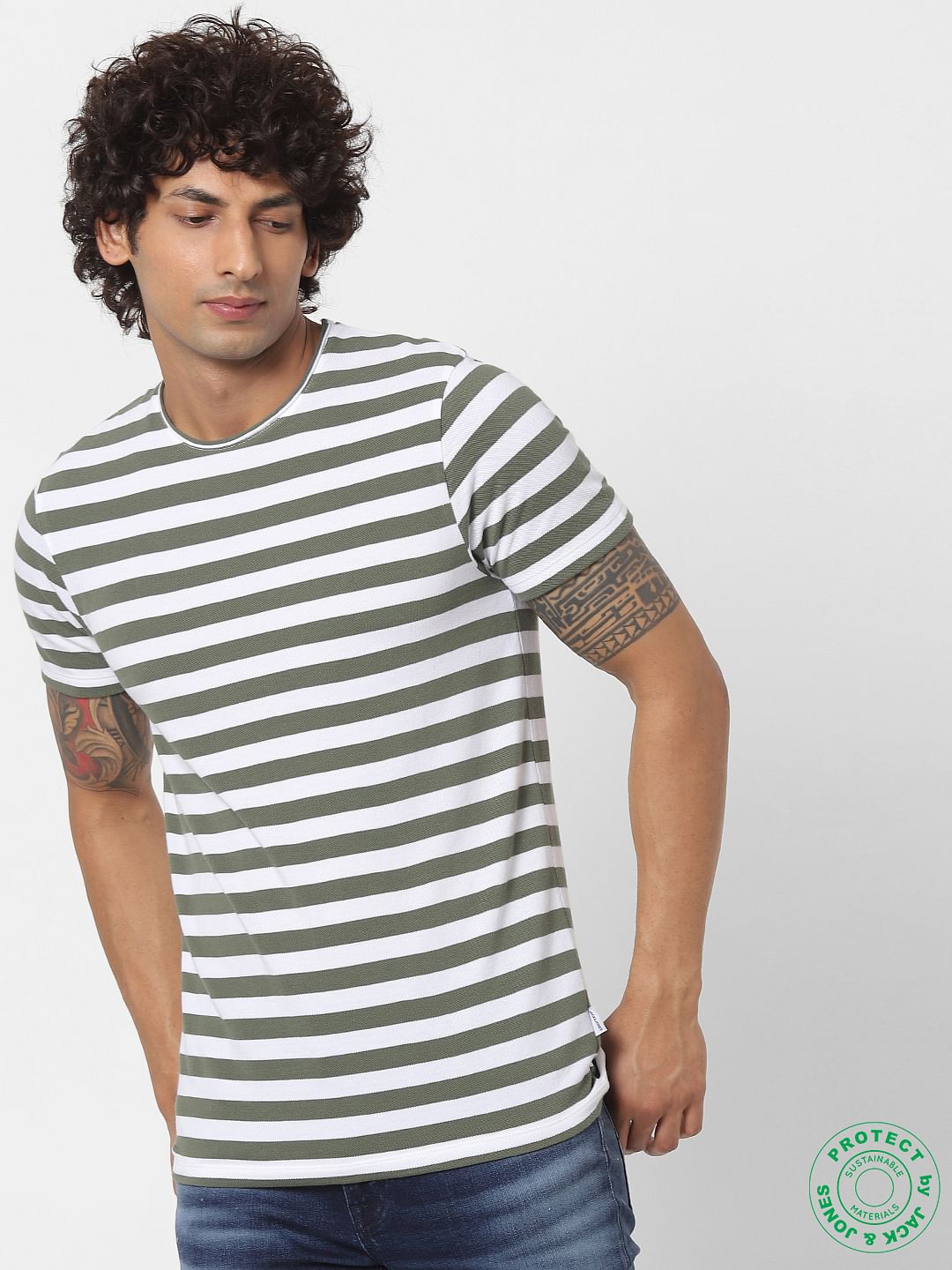 Green Striped Crew Neck T-shirt - S