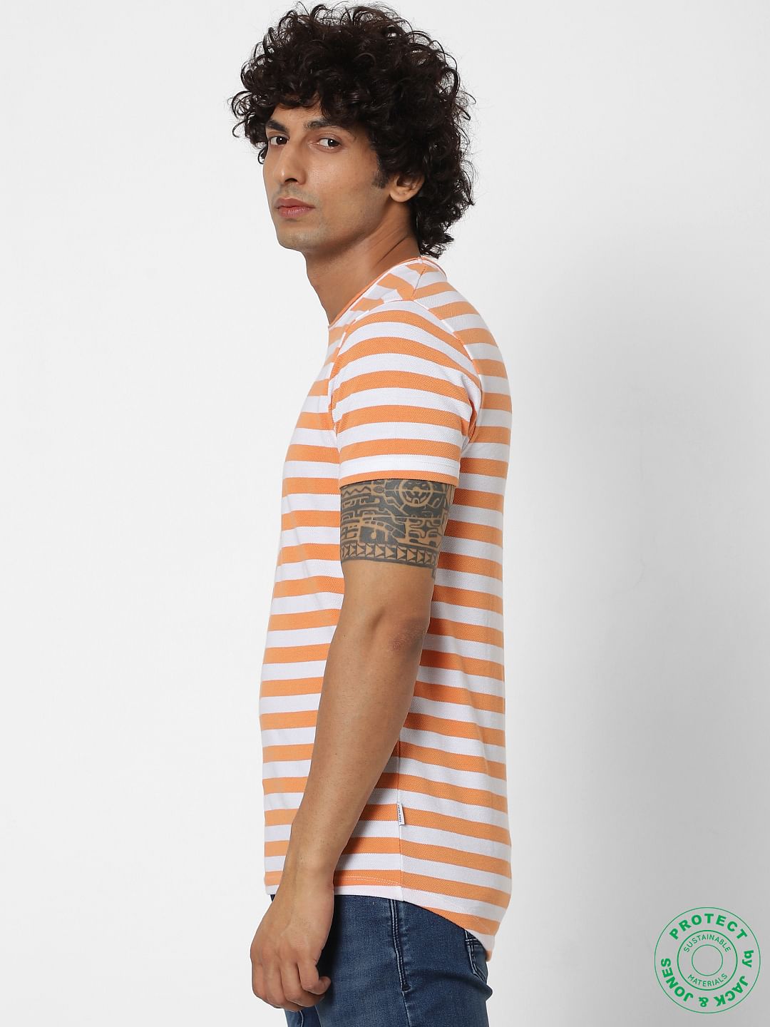 Orange Striped Crew Neck T-shirt