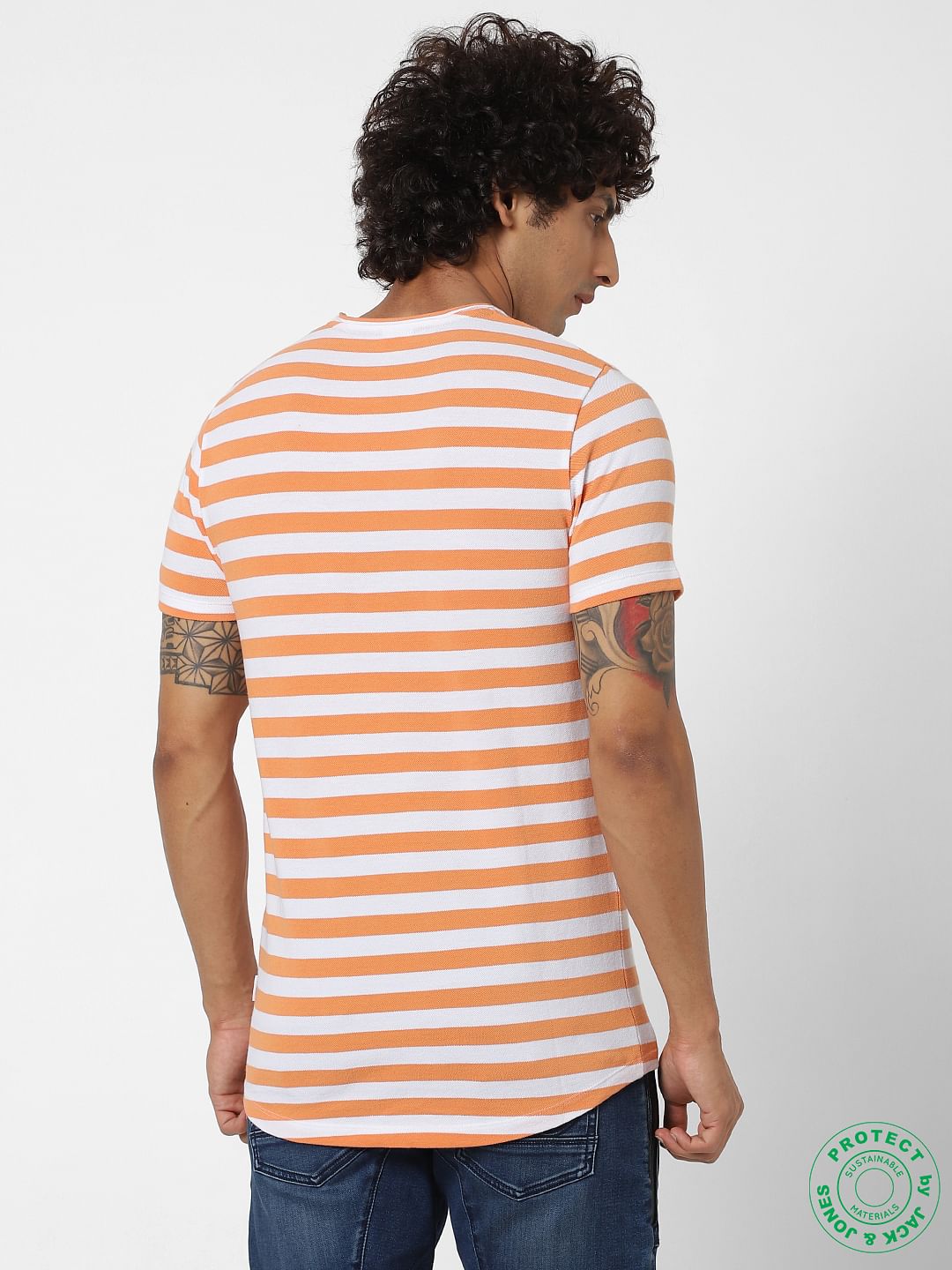 Orange Striped Crew Neck T-shirt