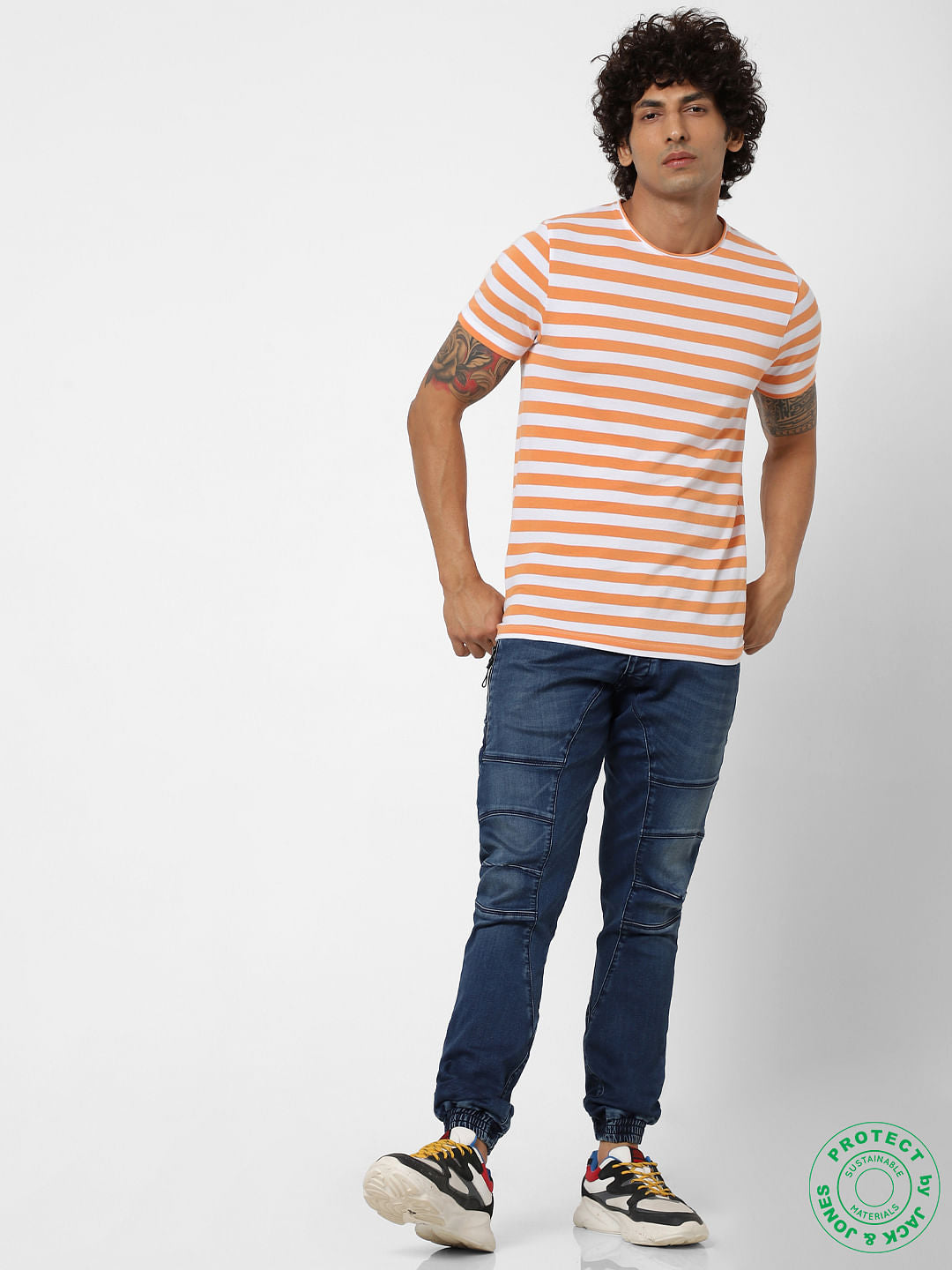 Orange Striped Crew Neck T-shirt