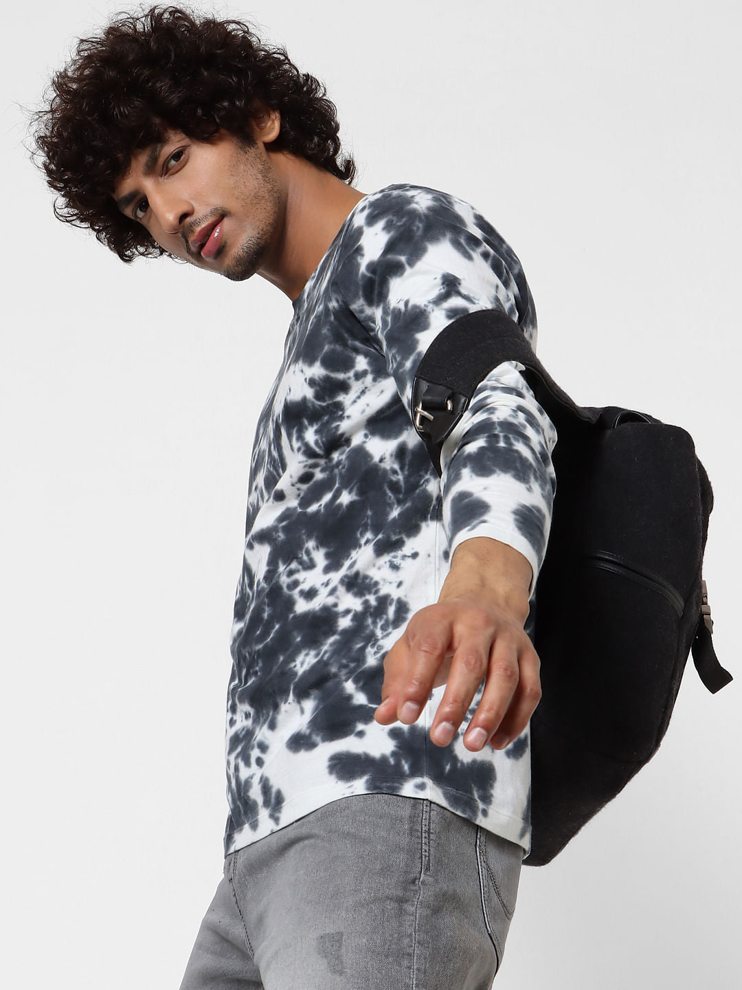 Black Full Sleeves Tie Dye Crew Neck T-shirt - S
