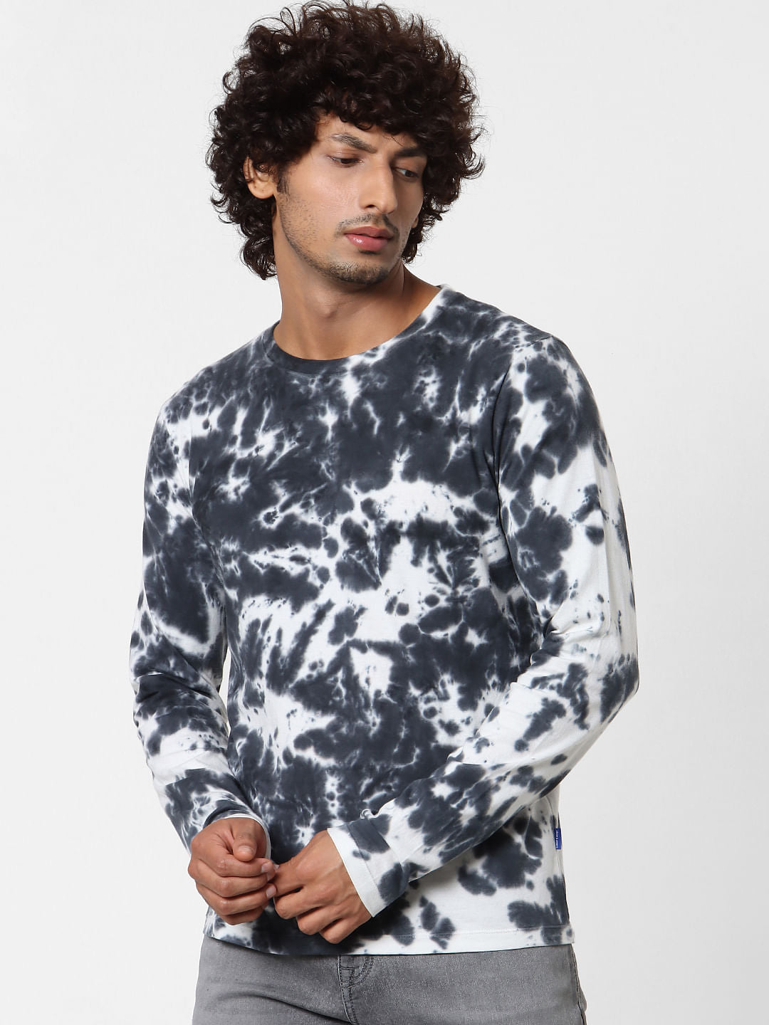 Black Full Sleeves Tie Dye Crew Neck T-shirt