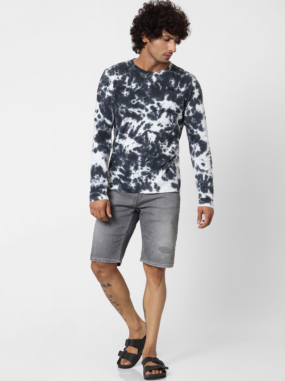 Black Full Sleeves Tie Dye Crew Neck T-shirt