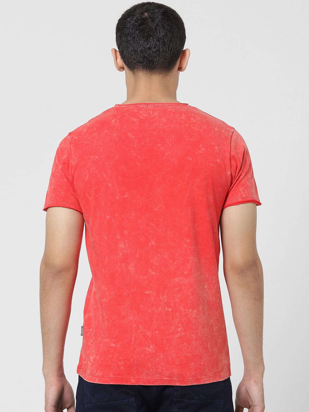 Red Acid Washed Logo Print Crew Neck T-shirt