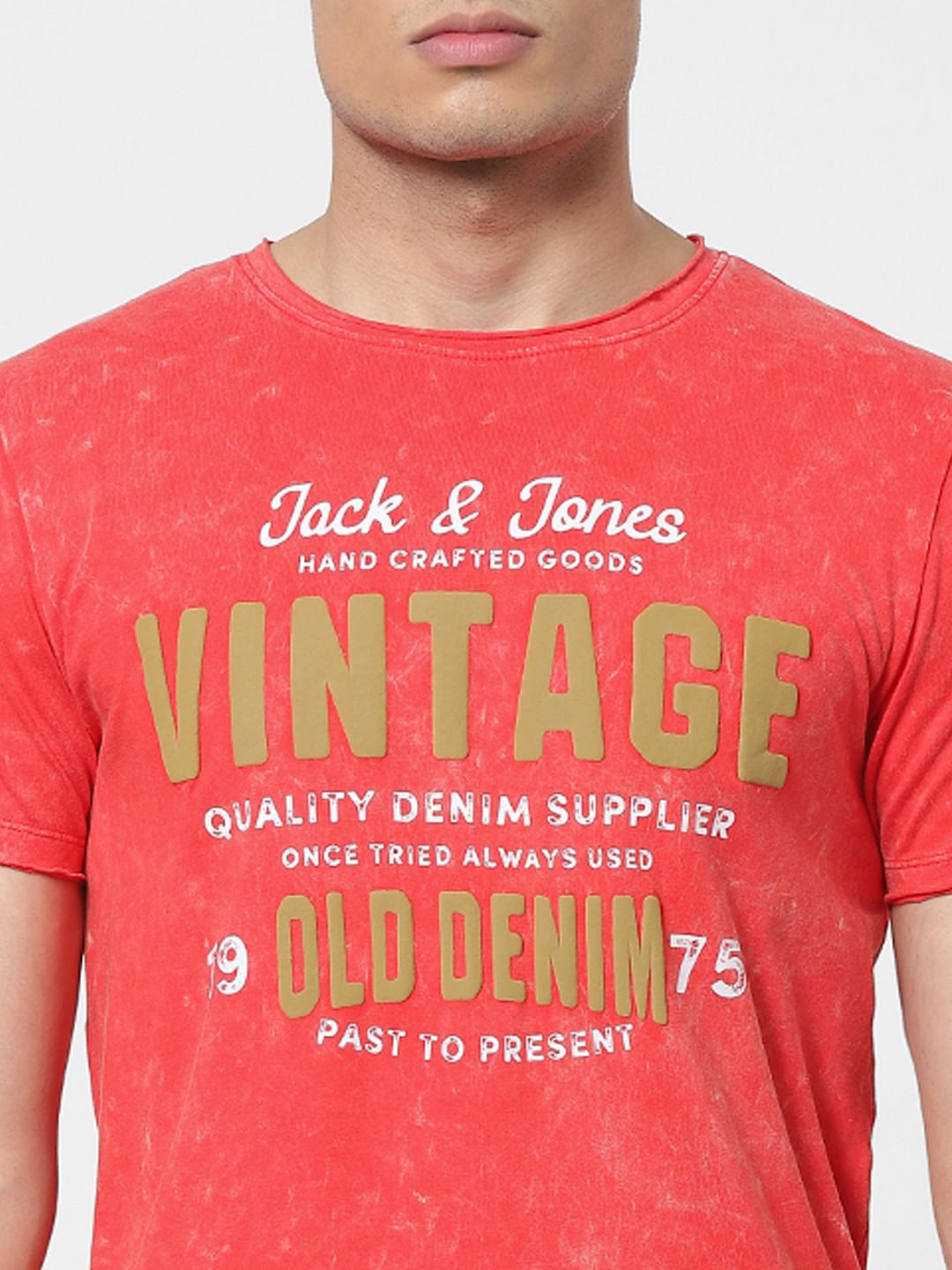 Red Acid Washed Logo Print Crew Neck T-shirt