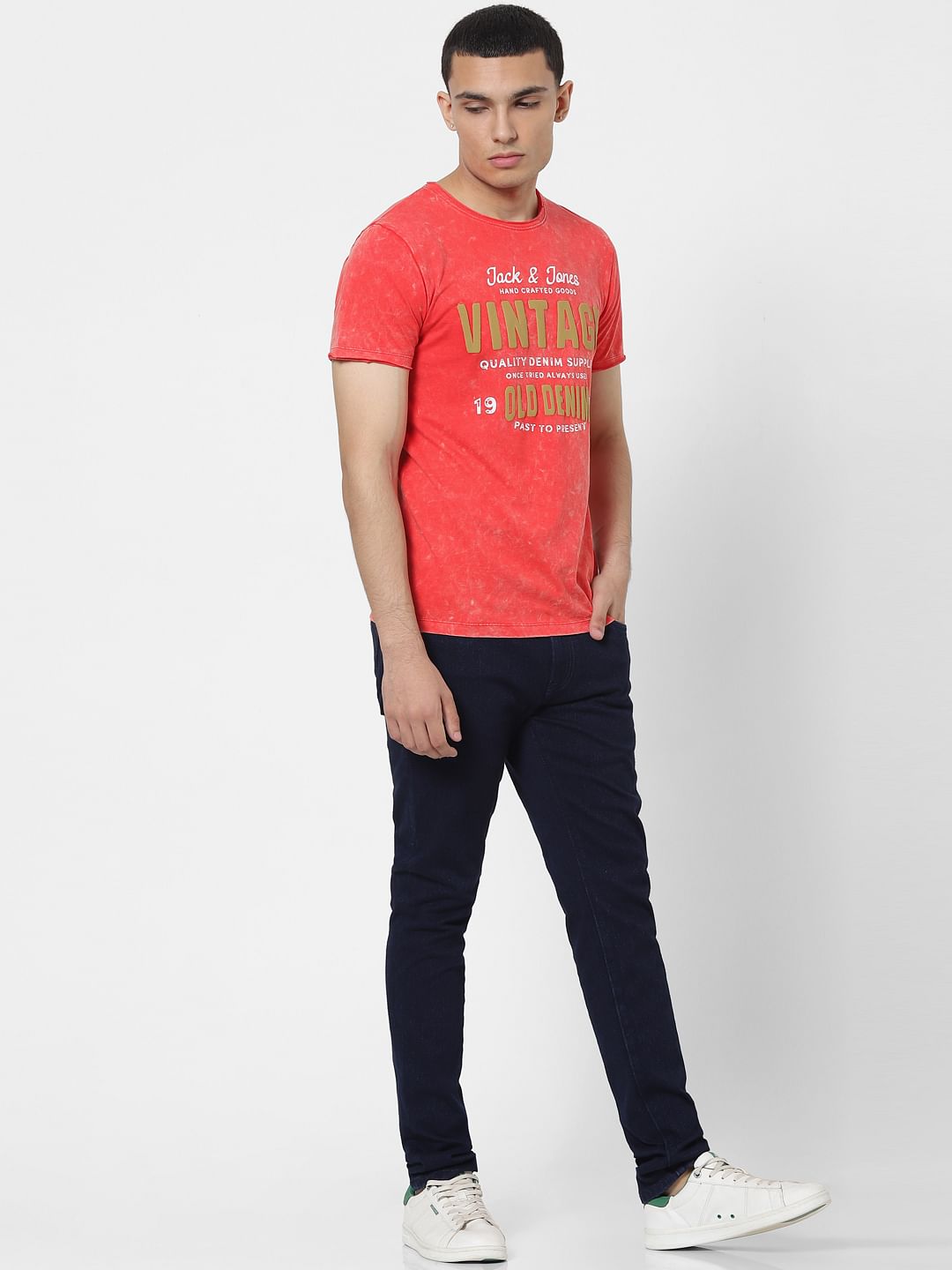 Red Acid Washed Logo Print Crew Neck T-shirt