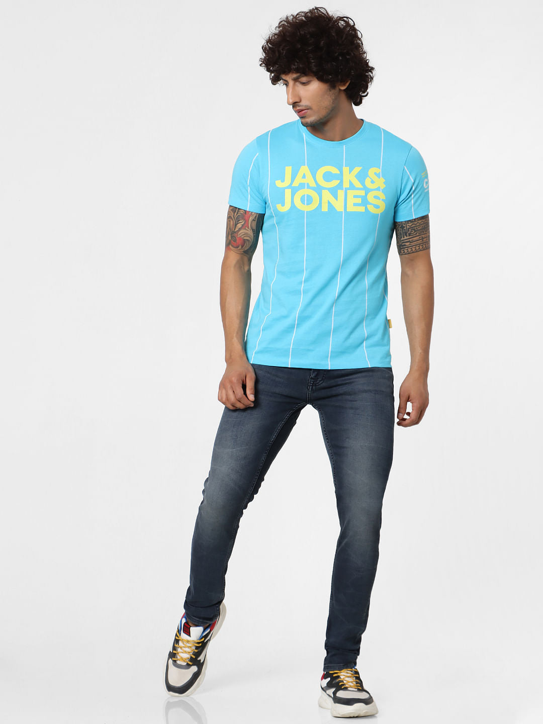 Blue Striped Logo Print T-shirt