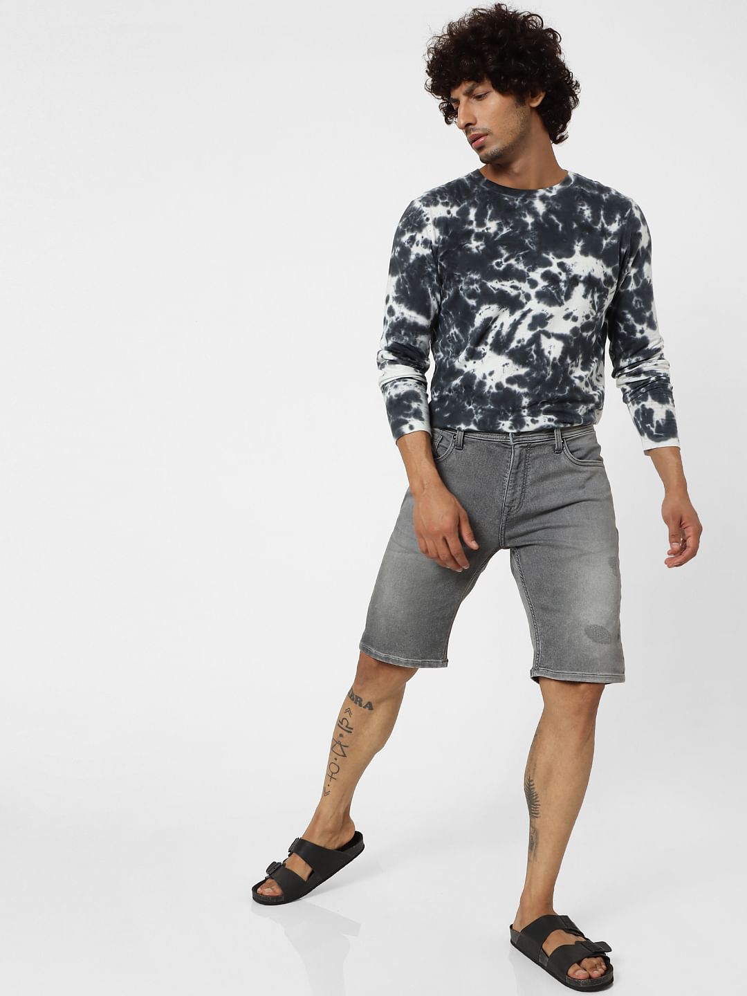 Grey Mid Rise Regular Fit Denim Shorts - S