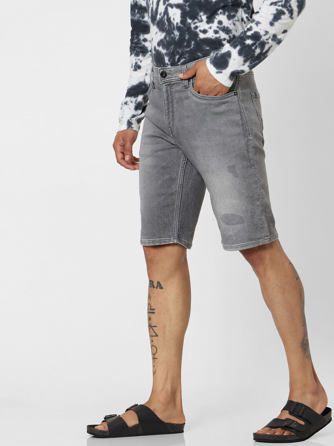 Grey Mid Rise Regular Fit Denim Shorts