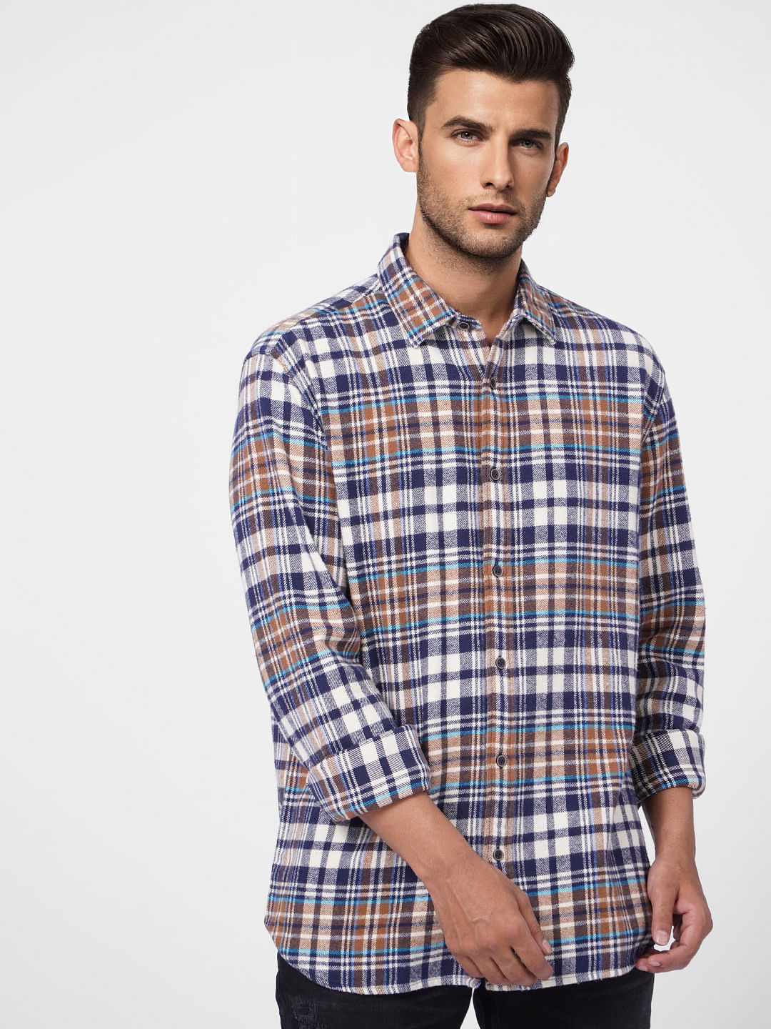 Beige Check Print Full Sleeves Shirt