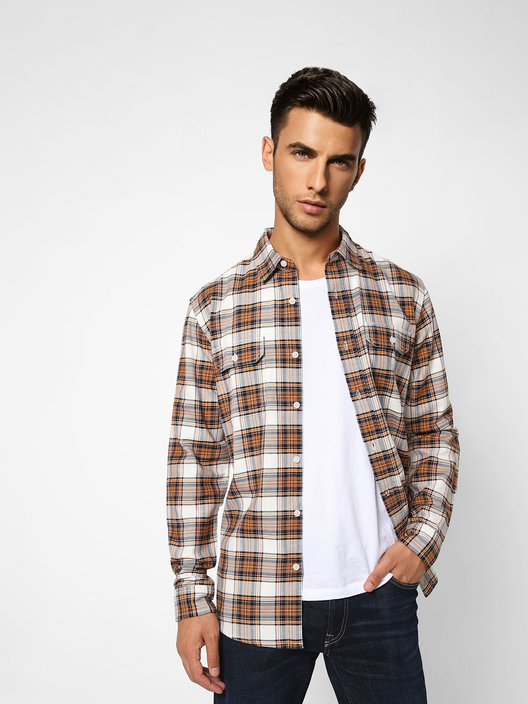 Brown Check Print Full Sleeves Shirt - S