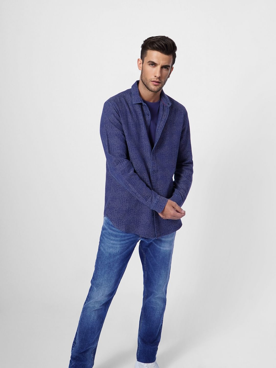 Blue Printed Full Sleeves Shirt - S
