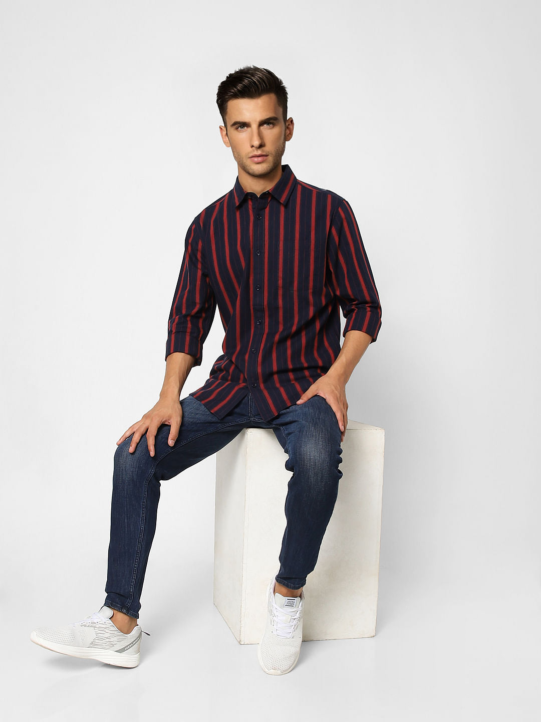 Dark Blue Striped Full Sleeves Shirt - S